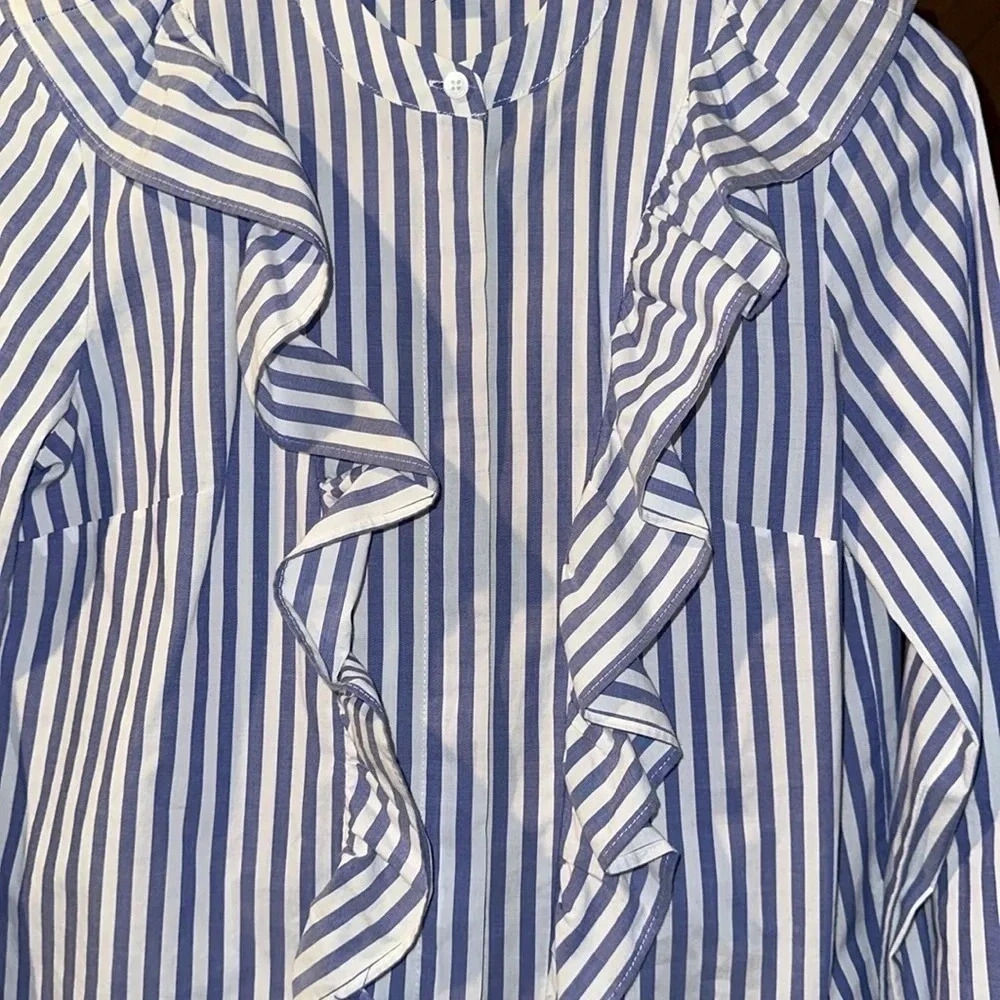 MADEWELL Whitney Striped Ruffle Top Blouse Blue / White XS Button Down Long Slv - Picture 4 of 8
